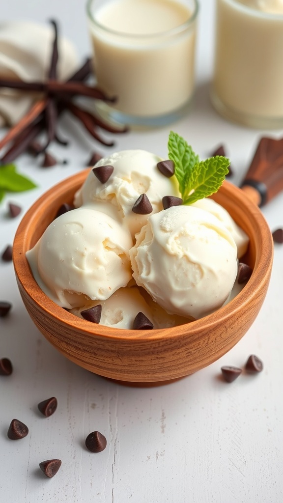 A bowl of homemade vanilla ice cream garnished with mint and chocolate chips on a wooden table.